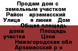 Продам дом с земельным участком › Район ­ арзамасский › Улица ­ 5 я линия › Дом ­ 20 › Общая площадь дома ­ 54 › Площадь участка ­ 11 › Цена ­ 2 250 000 - Нижегородская обл., Арзамасский р-н, Выездное пгт Недвижимость » Дома, коттеджи, дачи продажа   
